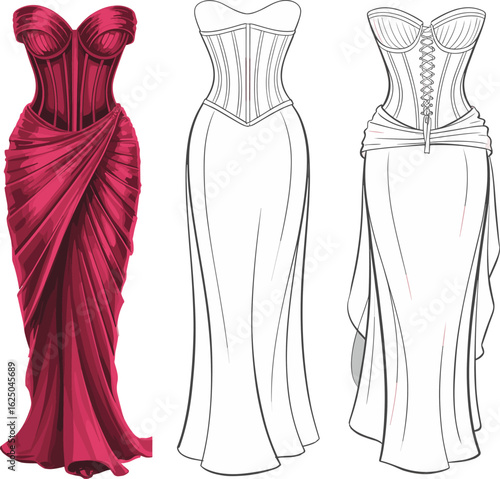 Corset dress design set, red and sketch variations, draped and straight skirts, fashion illustration, garment mockup, elegant silhouette, vector template