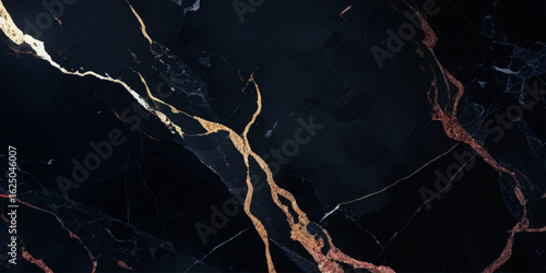 Luxurious marble texture with a predominantly black background and flowing patterns with golden veins running through it, creating a striking contrast.
