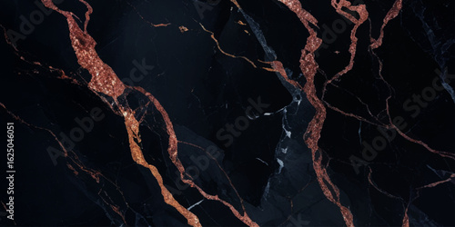 Luxurious marble texture with a predominantly black background and flowing patterns with golden veins running through it, creating a striking contrast.