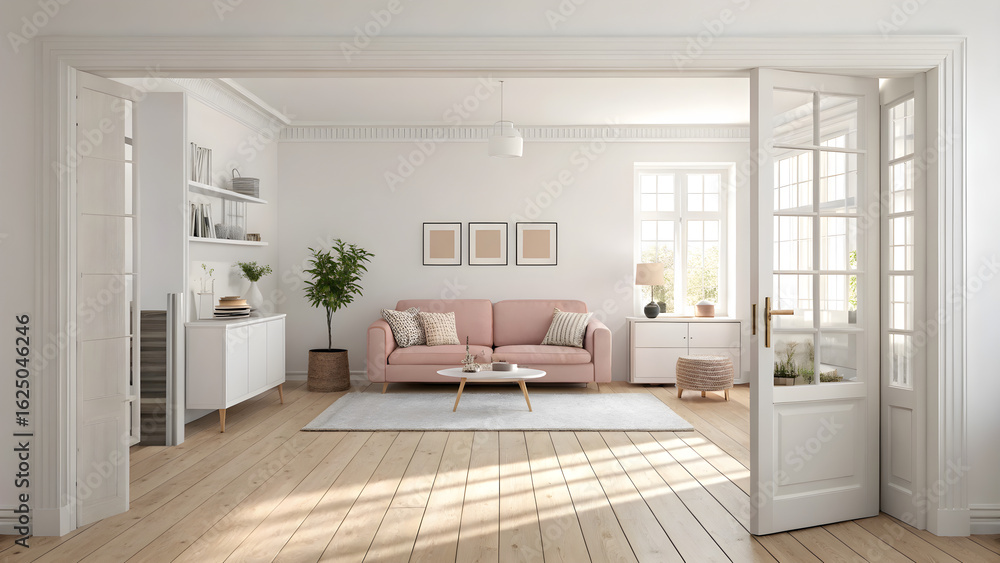 Fototapeta premium Elegant living room with pink sofa and natural light