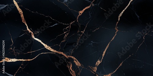 Luxurious marble texture with a predominantly black background and flowing patterns with golden veins running through it, creating a striking contrast.