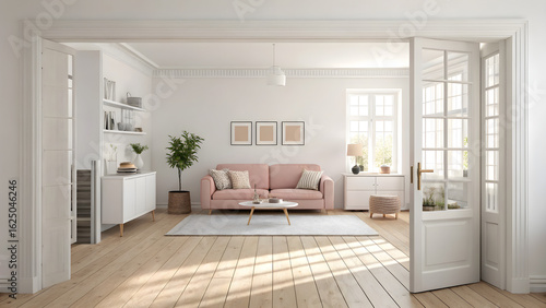 Elegant living room with pink sofa and natural light