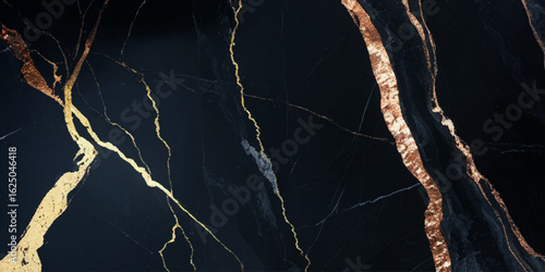 Luxurious marble texture with a predominantly black background and flowing patterns with golden veins running through it, creating a striking contrast.