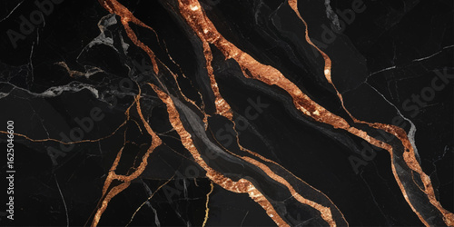 Luxurious marble texture with a predominantly black background and flowing patterns with golden veins running through it, creating a striking contrast.