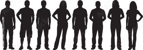 Diverse group of people silhouettes standing together, silhouette, group, people, men, women, standing, diversity, casual, clothing, t-shirt, jeans, shorts, white background, isolated, full body, male