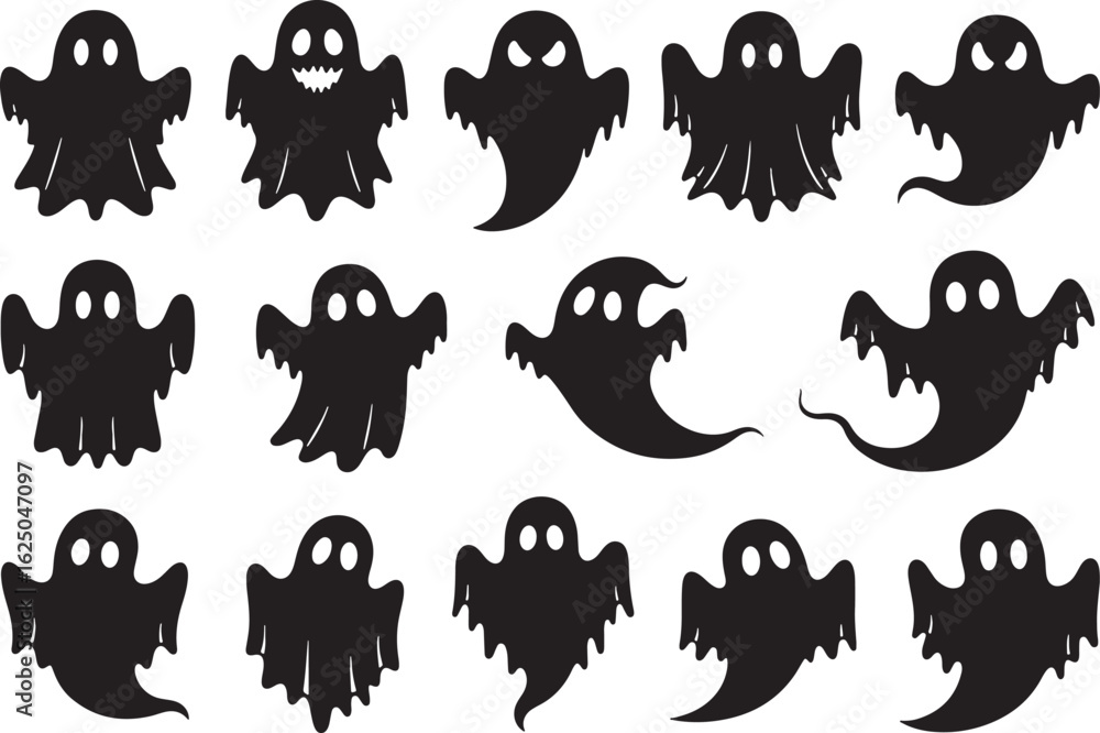 Obraz premium Fifteen Black Ghost Silhouettes with Different Expressions, ghost, halloween, silhouette, black, white background, spooky, scary, cute, playful, evil, character, icon, symbol, illustration, design ele