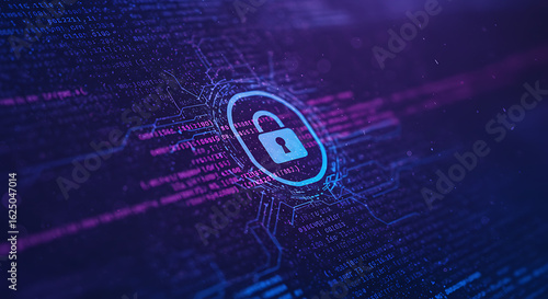 Digital unlocked padlock icon glowing on a background of abstract code and data streams