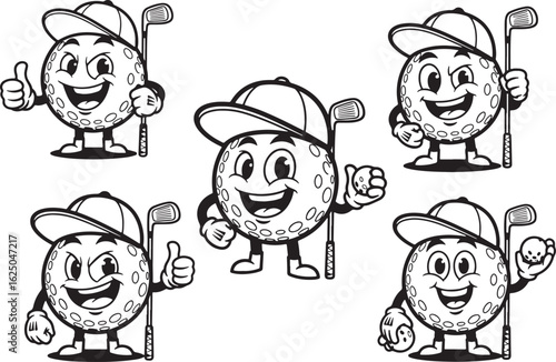 Five cartoon golf balls with faces and golf clubs character, golf, golf ball, cartoon, character, sport, game, club, happy, smiling, thumbs up, winking, holding golf ball, mascot, illustration, black 
