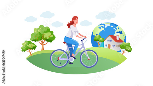 Woman cycling for environment earth day sustainable living and green lifestyle