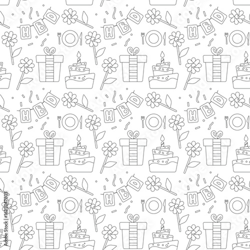 Outline seamless pattern with birthday elements: gifts, balloons, cakes. Clean line art on white, great for kids party designs and holiday packaging
