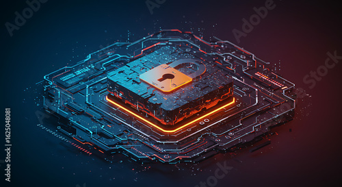 Futuristic digital security concept with glowing padlock on circuit board