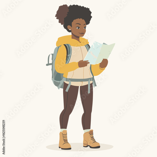 African woman trekker with afro bun, wearing thermal hoodie and hiking boots, holding map vector