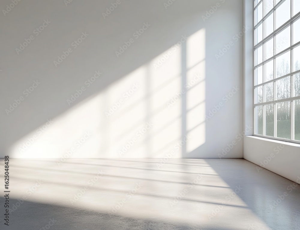 Fototapeta premium A bright, minimalistic room with sunlight casting shadows through large windows, creating a serene and open atmosphere.