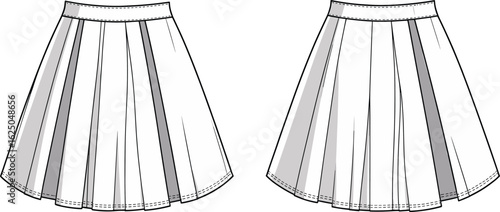 Cad drawing flat vector illustration, pleated skirt design, shaded pleat variation, waistband detail, fashion sketch, garment template, sewing pattern, apparel flat**