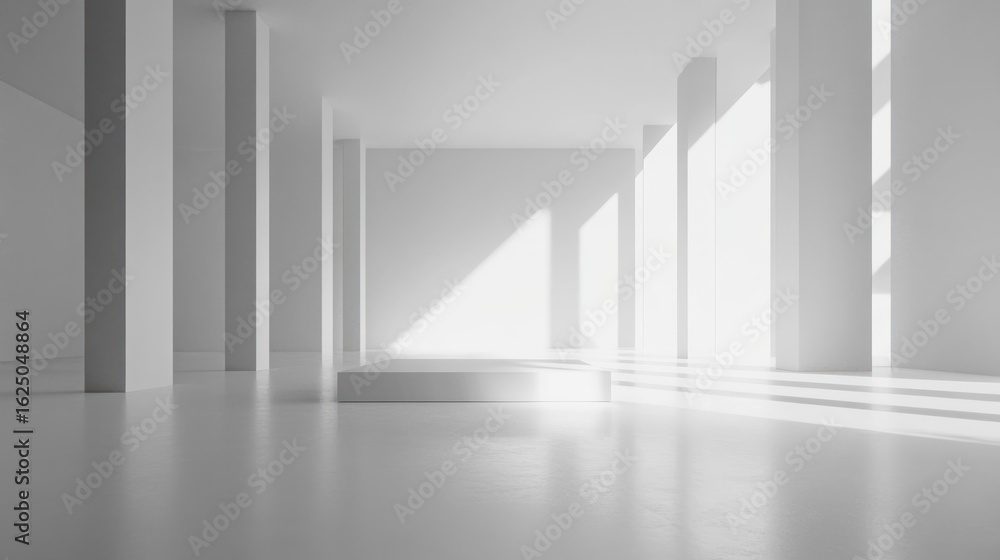 Fototapeta premium Minimalist White Hallway with Columns and Platform Bathed in Sunlight
