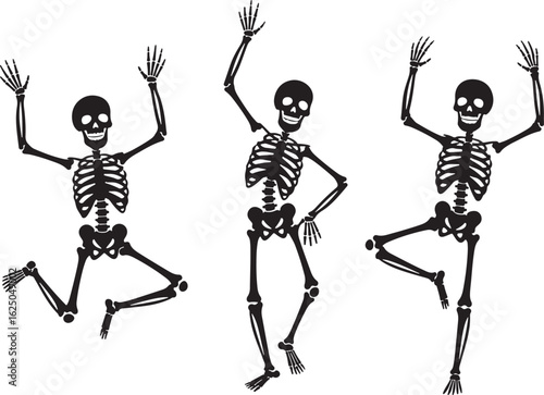 Three black skeletons dancing and jumping on white background, skeleton, human skeleton, anatomy, bones, black, white, dancing, jumping, celebration, party, halloween, spooky, funny, playful, energeti