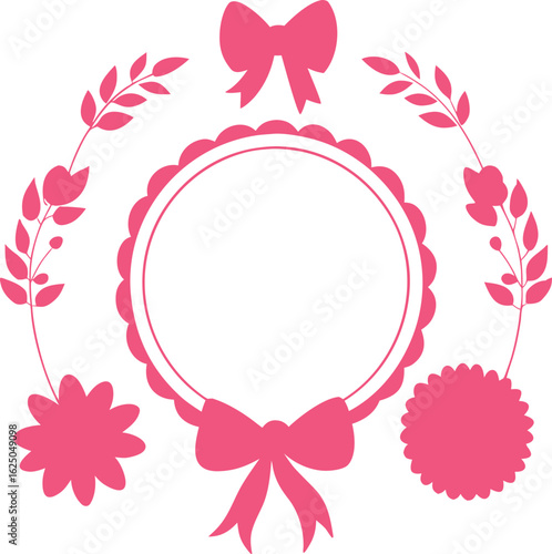 Elegant pink floral wreath frame with decorative bows and scalloped edges for celebrations and invitations