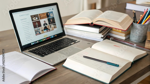 Online education study setup with laptop books and notes for remote learning and student success