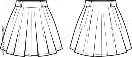 Cad drawing flat vector illustration, pleated skirt design, waistband with belt loops, stitching detail, fashion sketch, garment template, sewing pattern**