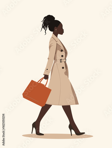 African woman walking with handbag, heels, stylish trench coat, braid hairstyle swaying, fashion look vector