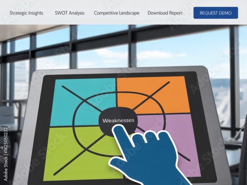 SWOT Analysis Tablet Display: Modern Business Strategy,  Competitive Landscape Assessment,  Weaknesses Highlighted.
