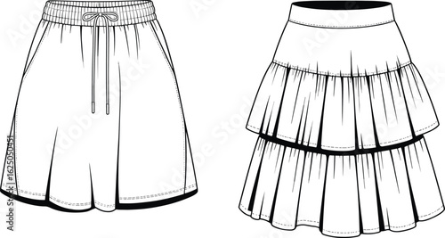 Cad drawing flat vector illustration, straight skirt design, tiered ruffle skirt, elastic waistband, drawstring tie, stitching detail, fashion template, apparel sketch**