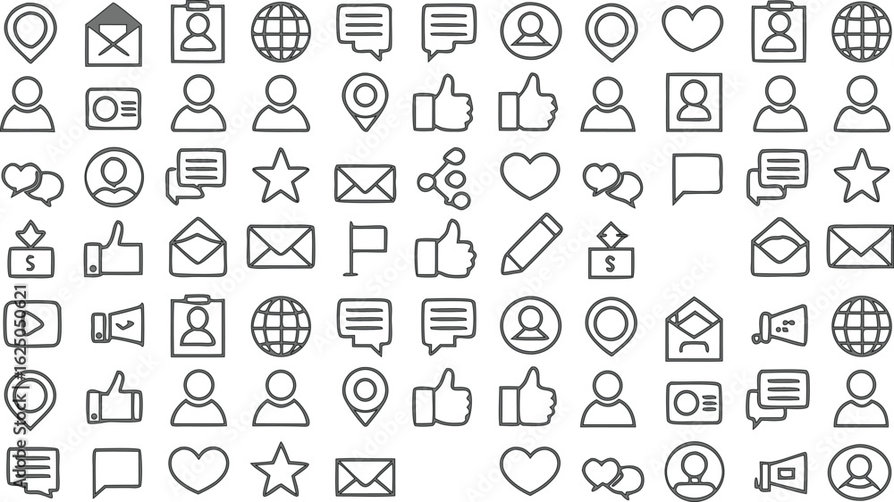 Social Media Interaction Line Icon Set – Vector Outline Icons of Like, Comment, Share, Profile, Email, Location, Globe, Chat, Pencil, Video, Star, Heart – UI/UX Design for Web, App, Network Social Media Interaction Line Icon Set – Vector Outline Icons of Like, Comment, Share, Profile, Email, Location, Globe, Chat, Pencil, Video, Star, Heart – UI/UX Design for Web, App, Network