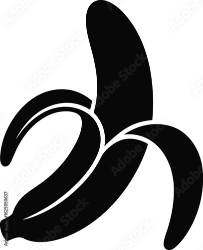 Bold Black Silhouette of a Partially Peeled Banana:  Simple, Modern, and Minimalist Vector Graphic for Health, Diet, and Tropical Fruit Concepts.