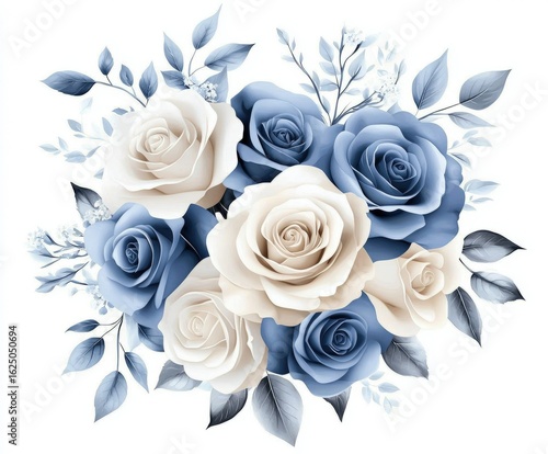 A beautiful arrangement of blue and white roses, complemented by delicate leaves and other floral elements, creating an elegant and serene composition.