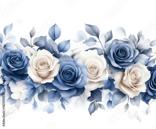 A beautiful arrangement of blue and cream roses with delicate leaves set against a soft white background.