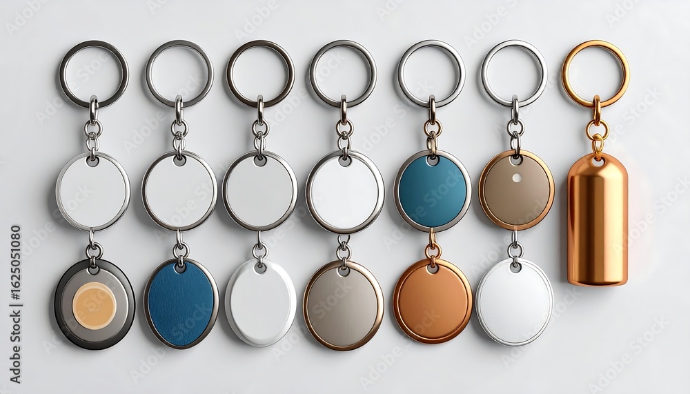 Assorted metal keychains with round pendants and one cylindrical charm on white background Assorted metal keychains with round pendants and one cylindrical charm on white background
