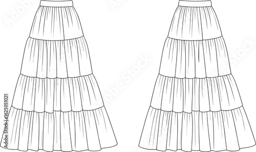 Cad drawing flat vector illustration, tiered skirt design, cascading layers, gathered fabric detail, fashion sketch, waistband style, apparel template