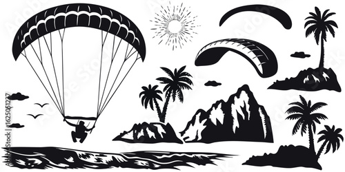 Paragliding Tropical Silhouette Icons – Palm Trees, Mountains, Sun, Ocean Waves, and Parachute Gliders for Adventure Sports Design, Beach Travel Graphics, Summer Holiday, and Extreme Activities Art