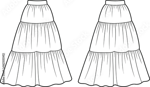 Cad drawing flat vector illustration, tiered skirt design, gathered silhouette, pleated fashion sketch, wavy hem detail, garment template, apparel flat