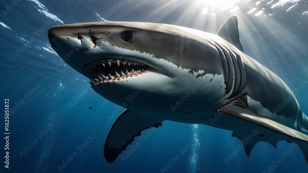 Fototapeta premium Close-up view of a great white shark swimming in clear ocean water with jaws open wide, symbolizing marine survival, underwater danger, predator instincts, and ocean wildlife power