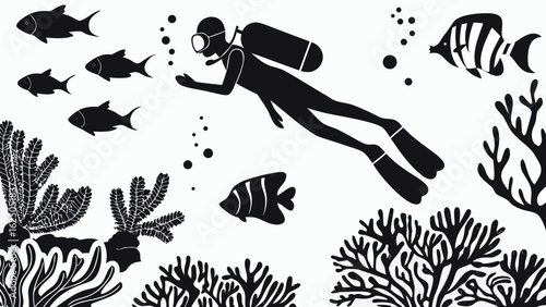 Scuba Diving and Coral Reef Vector Icon Set – Underwater Silhouettes of Diver, Tropical Fish, Sea Life, Coral, and Ocean Exploration Elements for Marine Art, Adventure Projects, and Nature Designs