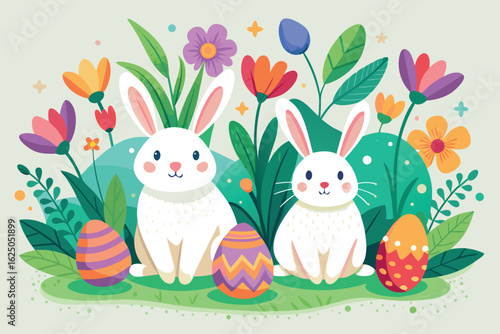 Two easter bunnies with colorful eggs and flowers on white background
