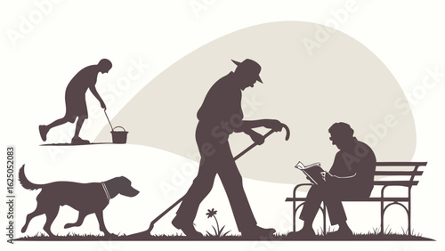 Senior People Silhouette Vector Set – Elderly Walking, Dog, Reading, Cleaning, Park Bench, Leisure Lifestyle Clipart for Retirement, Health Care, Wellness, Outdoor Activities, PNG SVG Graphics