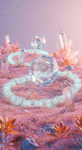 Sparkling crystal perfume bottle with glowing ethereal bracelet on mystical pink background