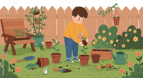Young Boy Planting Seedling in Terracotta Pot, Gardening Activity