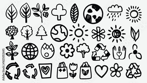 Eco Nature Doodle Icons Set – Hand Drawn Leaves, Trees, Earth, Recycling Arrows, Sun, Rain, Flowers, and Hearts – Perfect for Green Projects, Sustainability Campaigns, Posters, and Eco Designs