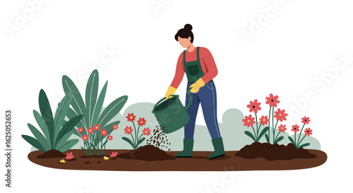 Woman Gardener Pouring Fertilizer into Flowerbed