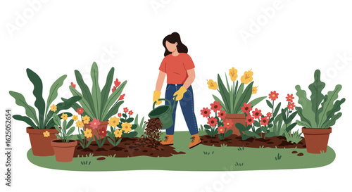 Woman Gardening with Watering Can, Flowers, and Plants in Pots