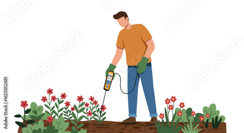 Gardener using soil moisture meter in flowerbed, wearing gloves.