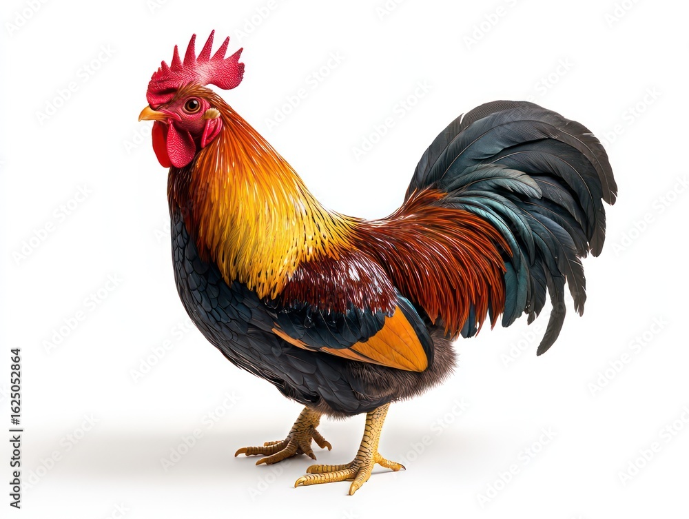 Fototapeta premium Forward-facing rooster with bold red wattle and intricate feather patterns on white background.