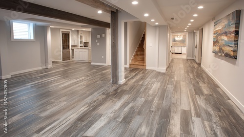 Spacious Finished Basement Interior Featuring Modern Decor and Wood-Look Flooring in a Home