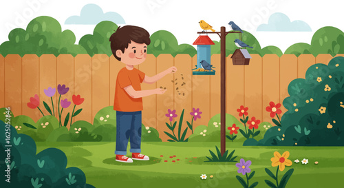 Young Boy Feeding Birds with Seeds in a Garden Setting