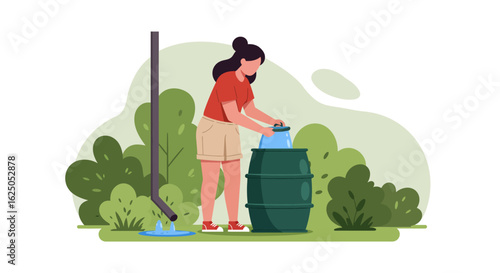 Woman Filling Rain Barrel with Water from Downspout for Sustainable Gardening