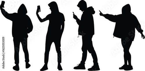 Urban Youth Silhouette Vector Set – Teenagers in Hoodies Taking Selfies and Using Phones – Street Style, Cool Poses, Social Media Concept, Perfect for Posters, Graphics, and Digital Art