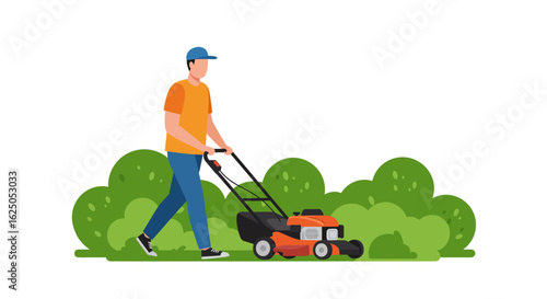 Man Mowing Lawn with Orange Lawn Mower, Wearing Blue Cap